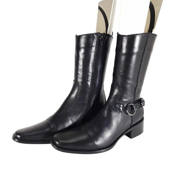 Saks Fifth Avenue Women's US 6,5 Black Leather Slide Zip Riding Boots - Picture 1 of 12